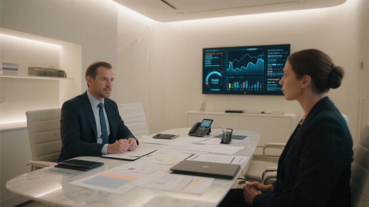 Advisor facilitating client discovery session using immersive analytics table, annotated documentation, and secure communication devices inside elegantly illuminated consultation suite.