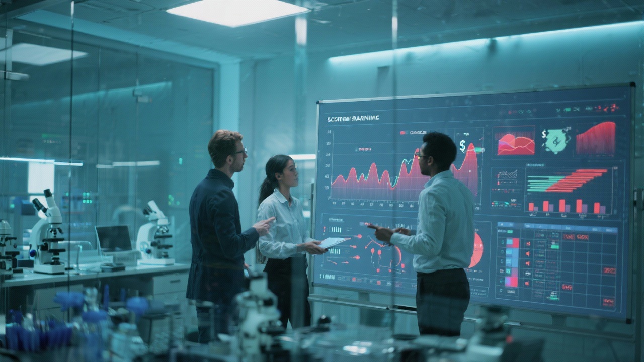 Specialists collaborating around digital whiteboard covered with statistical heatmaps, cashflow diagrams, and scenario planning matrices within high-tech data laboratory featuring transparent walls and ambient lighting.