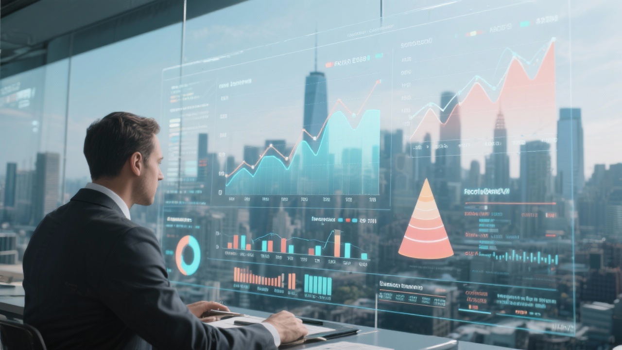 Investment strategist analyzing portfolio optimization charts with factor exposures, drawdown history, and expected return cones visualized on large translucent screen overlooking metropolitan skyline.